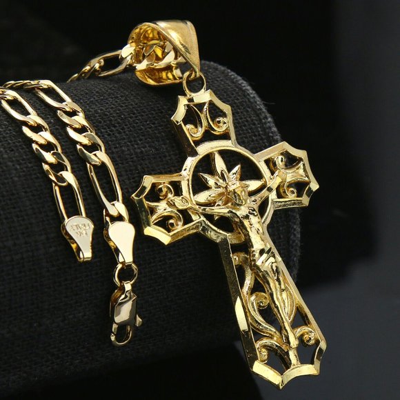 14k Cross Jesus Halo Figaro Italy Necklace - Picture 1 of 5